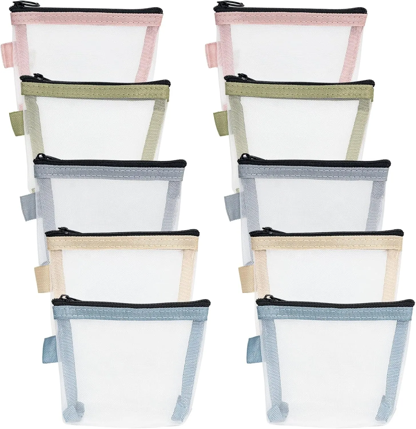 10 Mini Mesh Pouch, Clear Zipper Pouch, Cosmetic Case - Small Item Organizer with Key Kit (5 Colors)