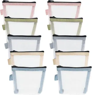10 Mini Mesh Pouch, Clear Zipper Pouch, Cosmetic Case - Small Item Organizer with Key Kit (5 Colors)