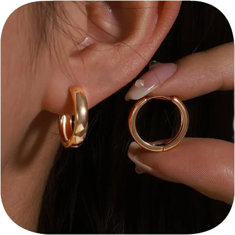 14K Gold Huggie Hoop Earrings for Women,925 Silver Plated Chunky Hoop Earrings Set for Women Hypoallergenic Thick Lightweight Hoop Earrings for Women Gold Jewelry Gifts(Gold)