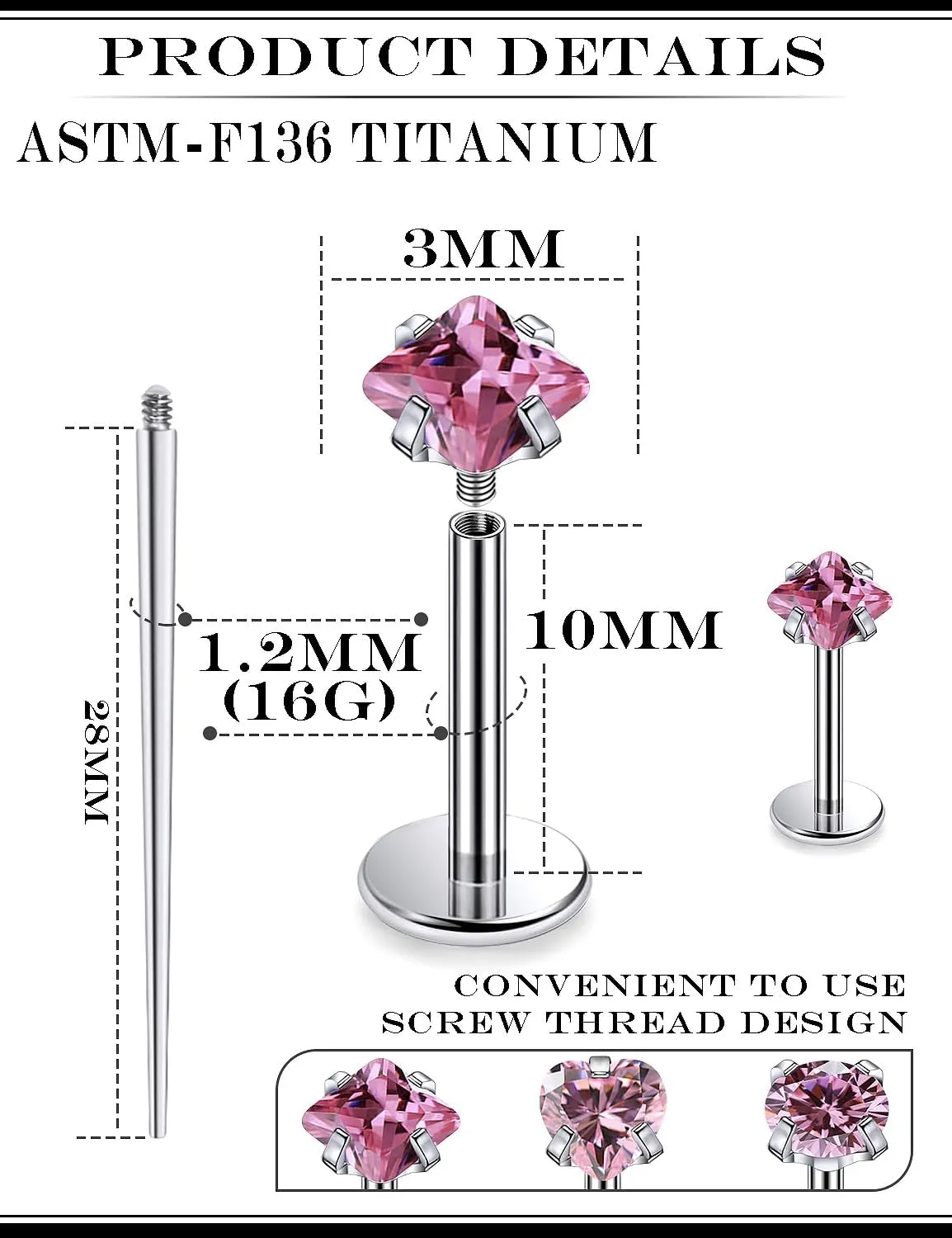 16G F136 Titanium Lip Rings CZ Labret Jewelry Internally Threaded Monroe Lip Ring Medusa Snake Bite Piercing Jewelry Conch Tragus Forward Helix Cartilage Earring Studs Piercing Jewelry