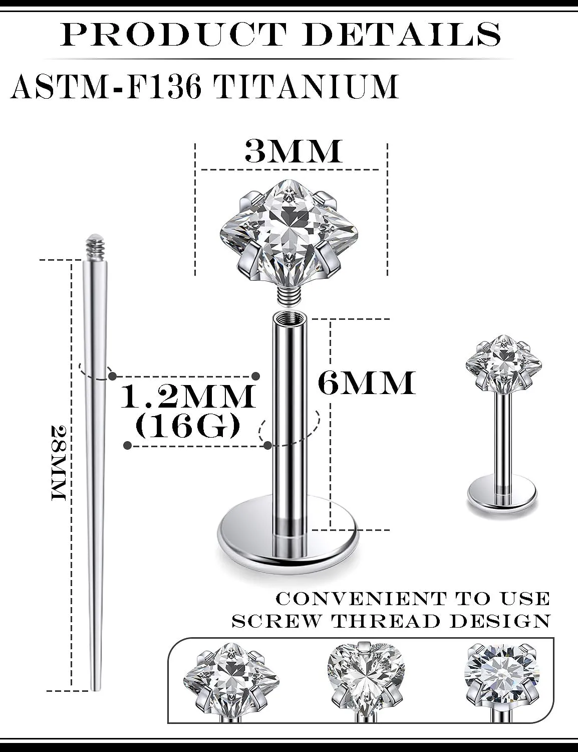 16G F136 Titanium Lip Rings CZ Labret Jewelry Internally Threaded Monroe Lip Ring Medusa Snake Bite Piercing Jewelry Conch Tragus Forward Helix Cartilage Earring Studs Piercing Jewelry