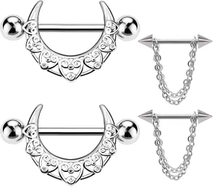 2 Pairs 14G Nipple Rings Stainless Steel Hollow Pattern Nipple Shield Piercing Jewelry 316L Moon Nipple Barbell Chaining Nipple Jewelry Body Piercing Jewelry for Women Men