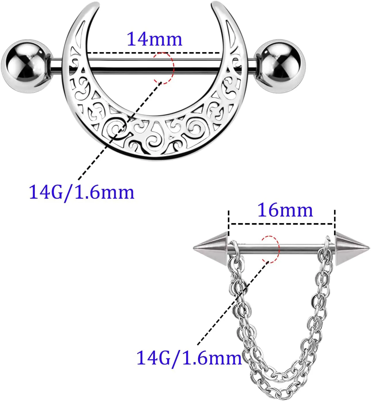 2 Pairs 14G Nipple Rings Stainless Steel Hollow Pattern Nipple Shield Piercing Jewelry 316L Moon Nipple Barbell Chaining Nipple Jewelry Body Piercing Jewelry for Women Men