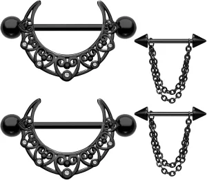 2 Pairs 14G Nipple Rings Stainless Steel Hollow Pattern Nipple Shield Piercing Jewelry 316L Moon Nipple Barbell Chaining Nipple Jewelry Body Piercing Jewelry for Women Men