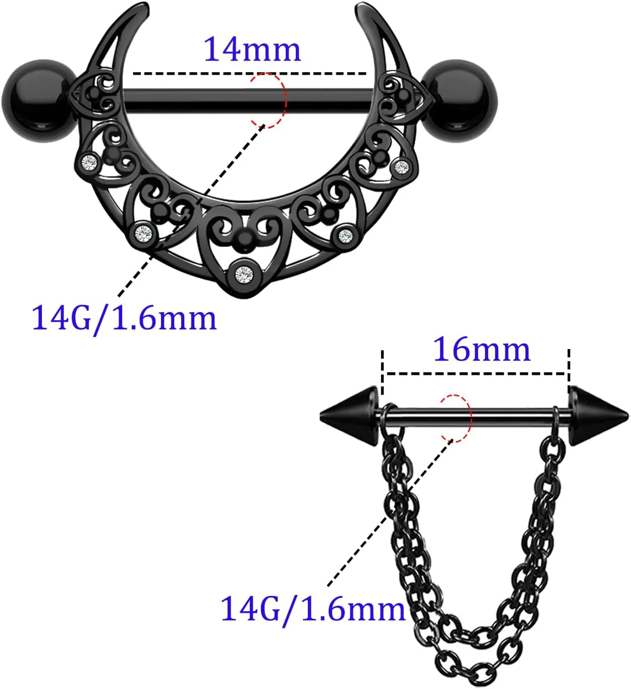 2 Pairs 14G Nipple Rings Stainless Steel Hollow Pattern Nipple Shield Piercing Jewelry 316L Moon Nipple Barbell Chaining Nipple Jewelry Body Piercing Jewelry for Women Men
