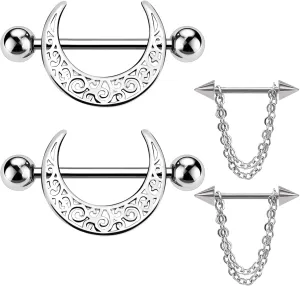 2 Pairs 14G Nipple Rings Stainless Steel Hollow Pattern Nipple Shield Piercing Jewelry 316L Moon Nipple Barbell Chaining Nipple Jewelry Body Piercing Jewelry for Women Men