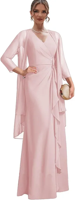 2 Pieces Mother of TheBride Dresses Wedding Long Dress with Jacket and Chiffon Evening Gown