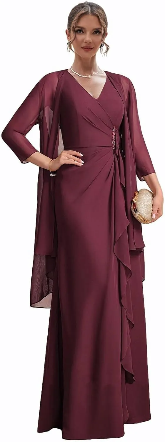 2 Pieces Mother of TheBride Dresses Wedding Long Dress with Jacket and Chiffon Evening Gown