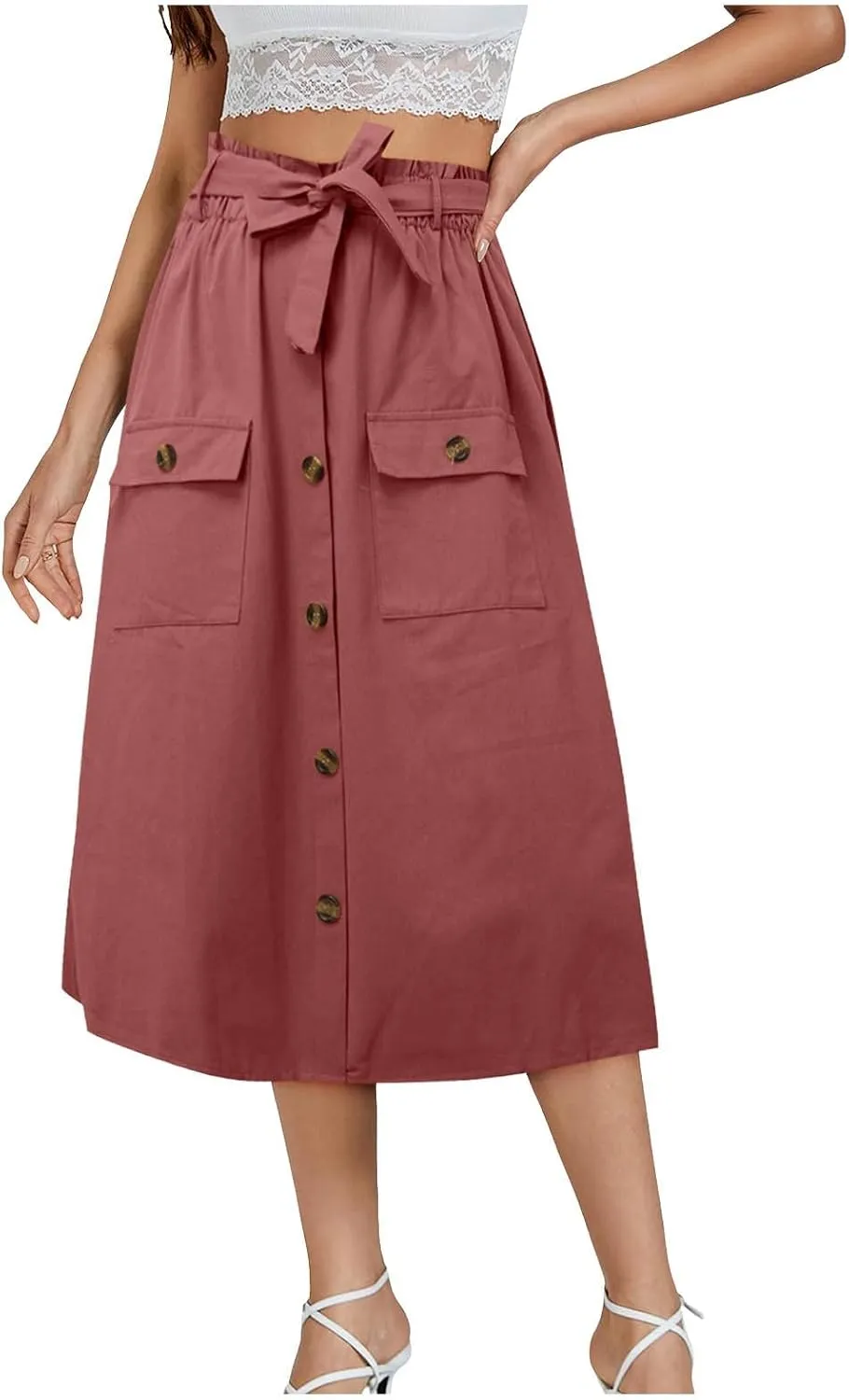 2024 Women's Skirts Summer New Literary Solid Color Button Midi Skirt Women's Woman Elastic Waist Cotton Linen A