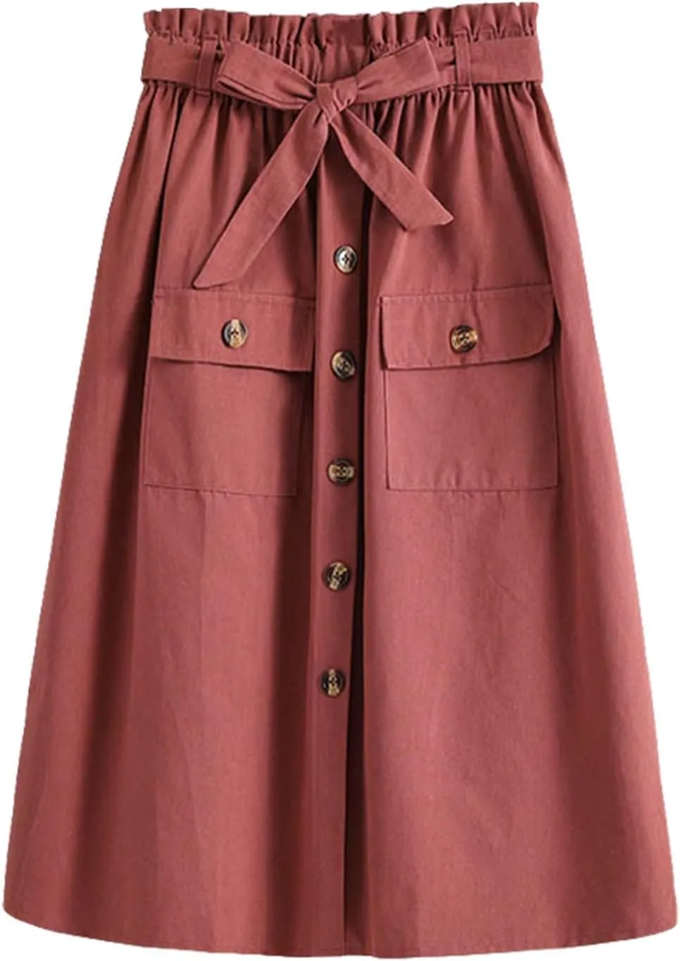 2024 Women's Skirts Summer New Literary Solid Color Button Midi Skirt Women's Woman Elastic Waist Cotton Linen A