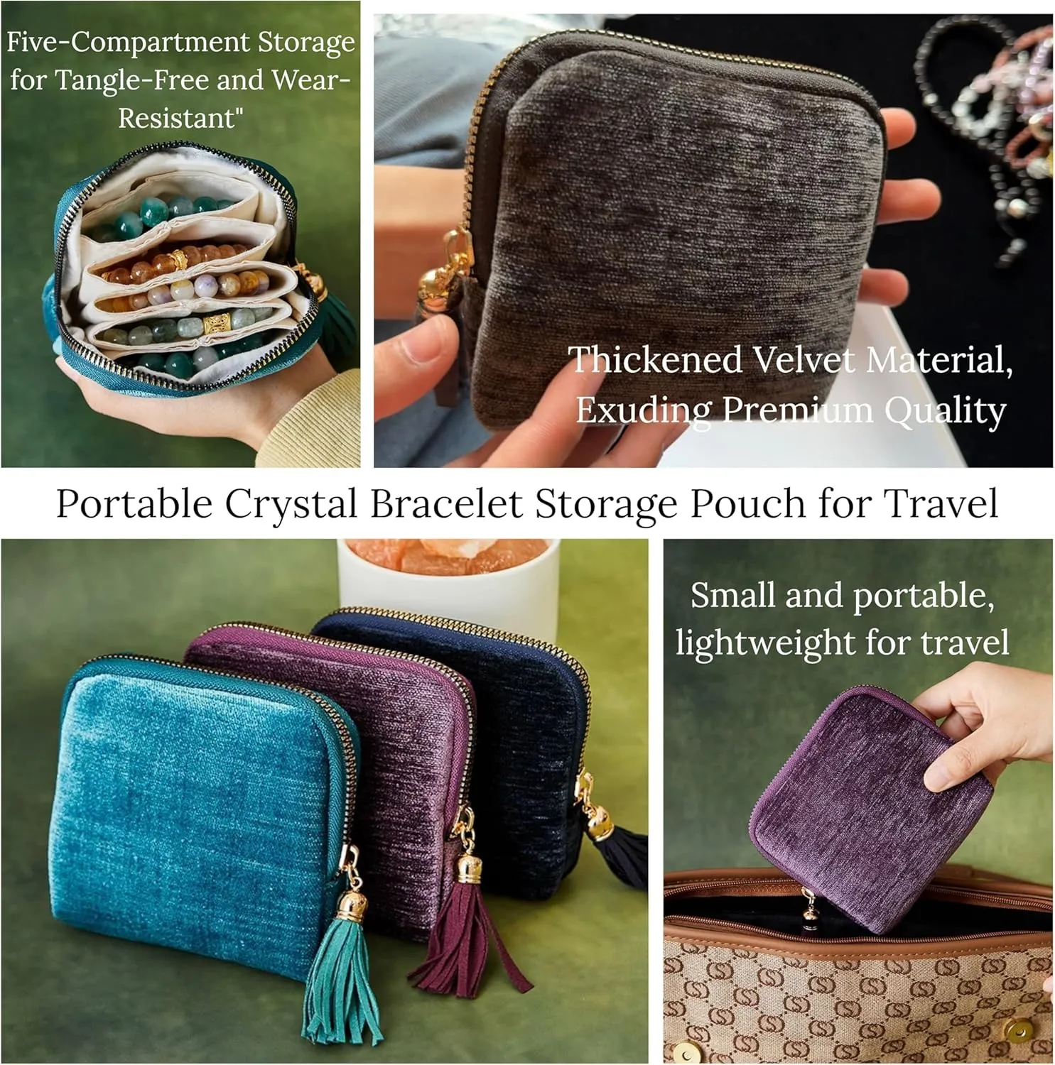 2025 New Travel Jewelry Case  Portable Organizer for Rings, Bracelets, & Bangles with Tassel Zipper, Elegant Jewelry Roll for Journey, Crystal Jewelry Storage Pouch, Mini, Peacock Blue