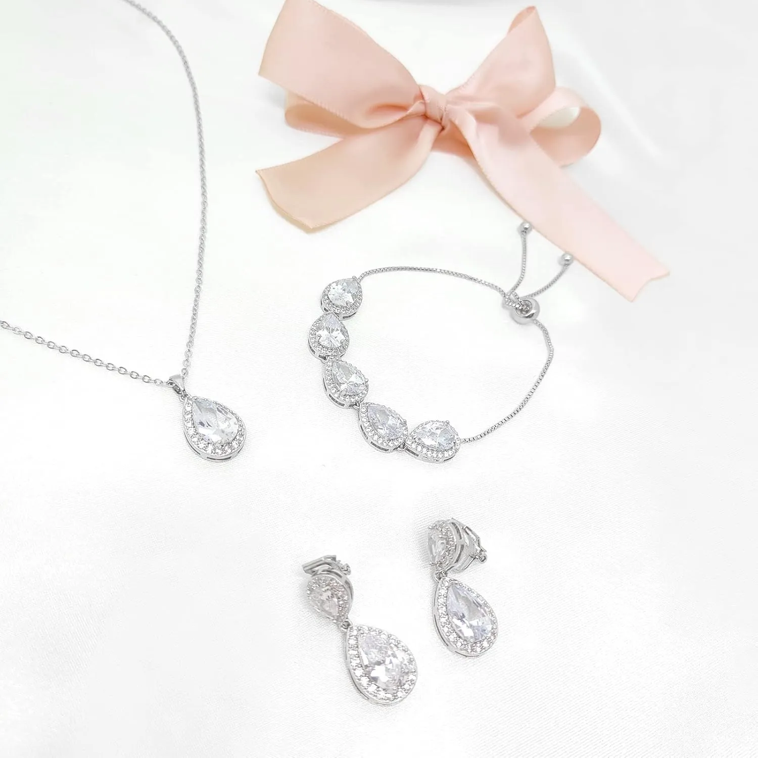 3UMeter Jewelry Sets for Women Necklace Earrings Bracelet Set White Gold Plated Jewelry Set with White AAA Cubic Zirconia for Women Wedding Jewelry for Bride Bridesmaid
