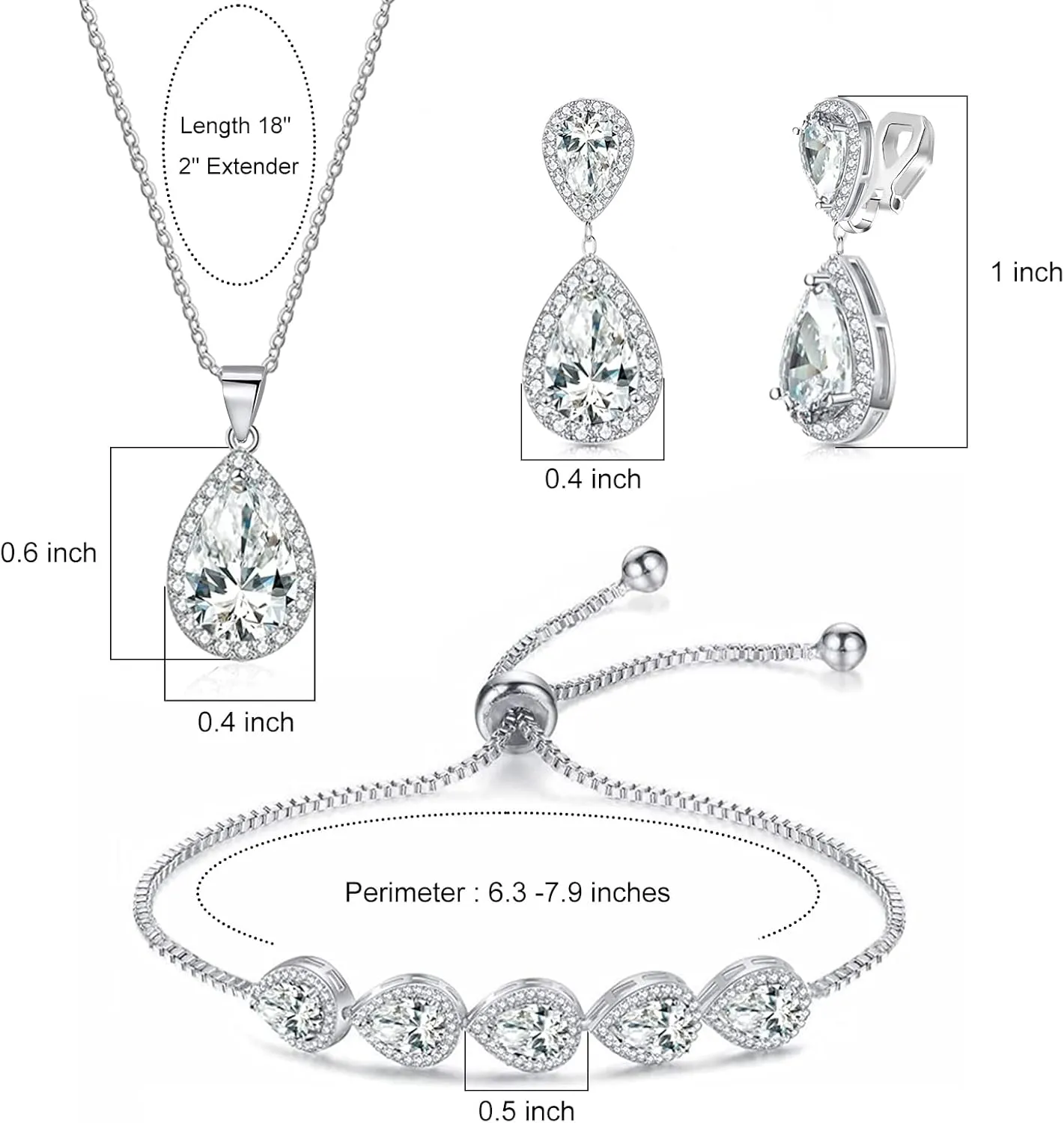 3UMeter Jewelry Sets for Women Necklace Earrings Bracelet Set White Gold Plated Jewelry Set with White AAA Cubic Zirconia for Women Wedding Jewelry for Bride Bridesmaid