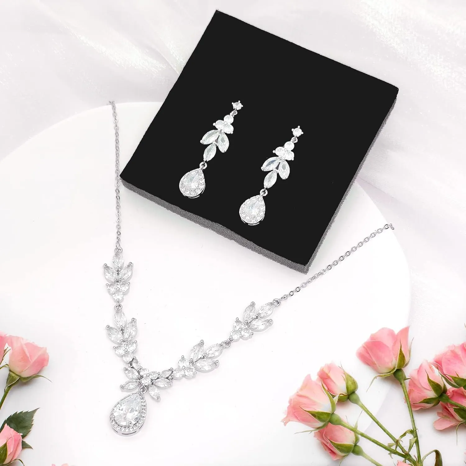 3UMeter Jewelry Sets for Women Necklace Earrings Bracelet Set White Gold Plated Jewelry Set with White AAA Cubic Zirconia for Women Wedding Jewelry for Bride Bridesmaid