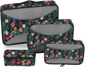 4 Pcs Travel Packing Cubes for Suitcases Colorful Flower Palm Leaves Travel Packing Cubes Visible Luggage Cubes Organizers Suitcase Organizer Bags Set