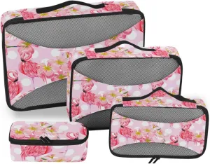 4 Pcs Travel Packing Cubes for Suitcases Pink Flamingo Tropical Flowers Travel Packing Cubes Visible Luggage Cubes Organizers Suitcase Organizer Bags Set