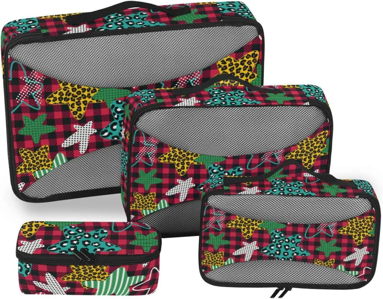 4 Pcs Travel Packing Cubes for Suitcases Stars on Buffalo Plaid Travel Packing Cubes Visible Luggage Cubes Organizers Suitcase Organizer Bags Set