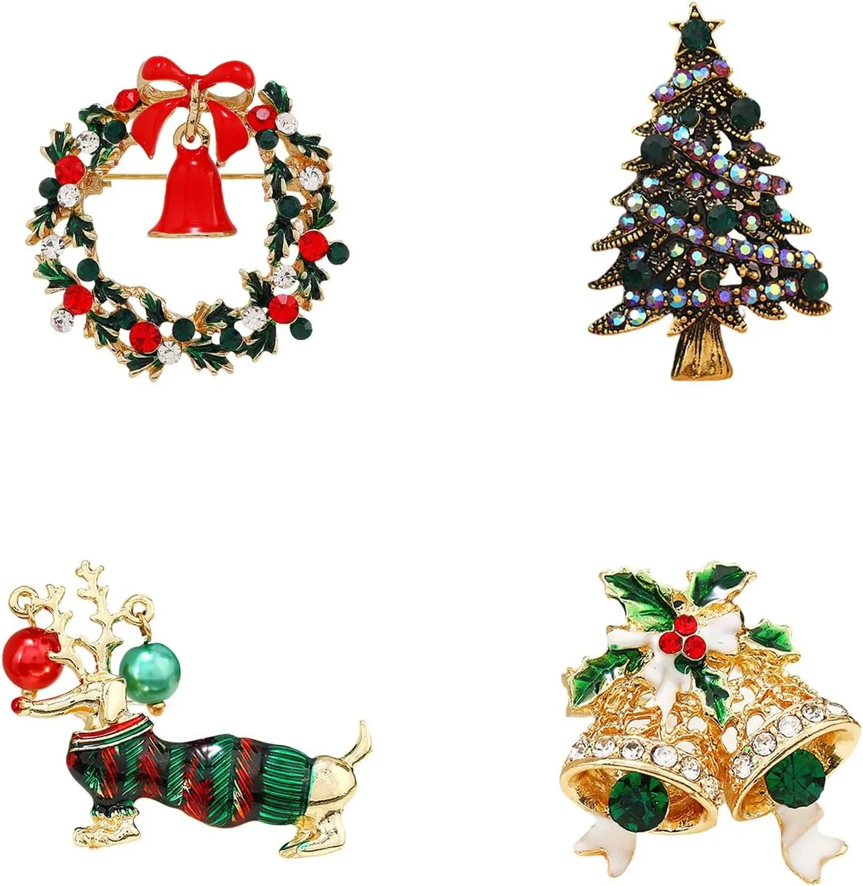 4Pcs Christmas Pin Brooch for Women,Xmas Tree Bells Wreath Dachshund Dog Brooch Pin,Christmas Enamel Lapel Pin with Rhinestone Crystal Holiday Festival Brooch Pin for Hat Bag Suit Dress Accessories