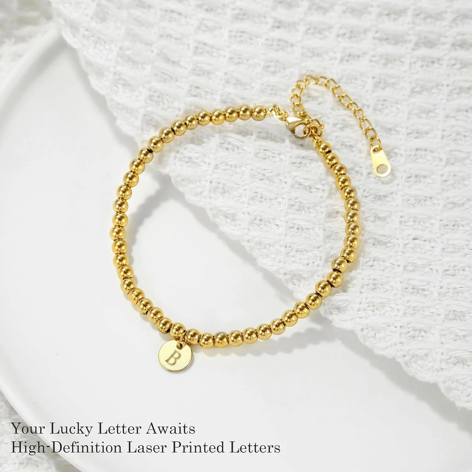5PCS Gold Bracelets for Women, 18K Gold Plated Dainty Initial Charm Bracelets Set, Adjustable Layered Figaro & Bead Chain Gift for Women
