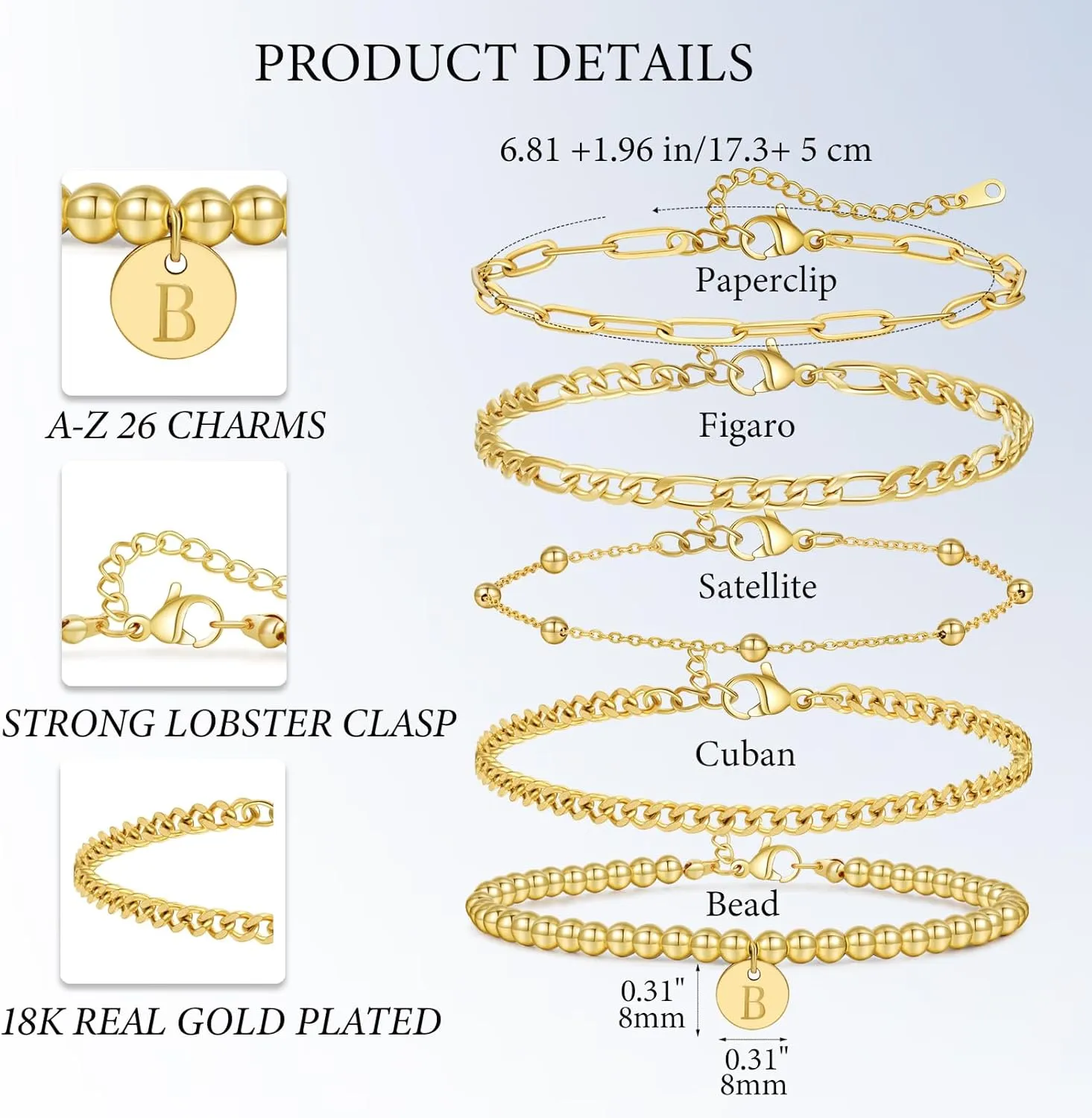 5PCS Gold Bracelets for Women, 18K Gold Plated Dainty Initial Charm Bracelets Set, Adjustable Layered Figaro & Bead Chain Gift for Women