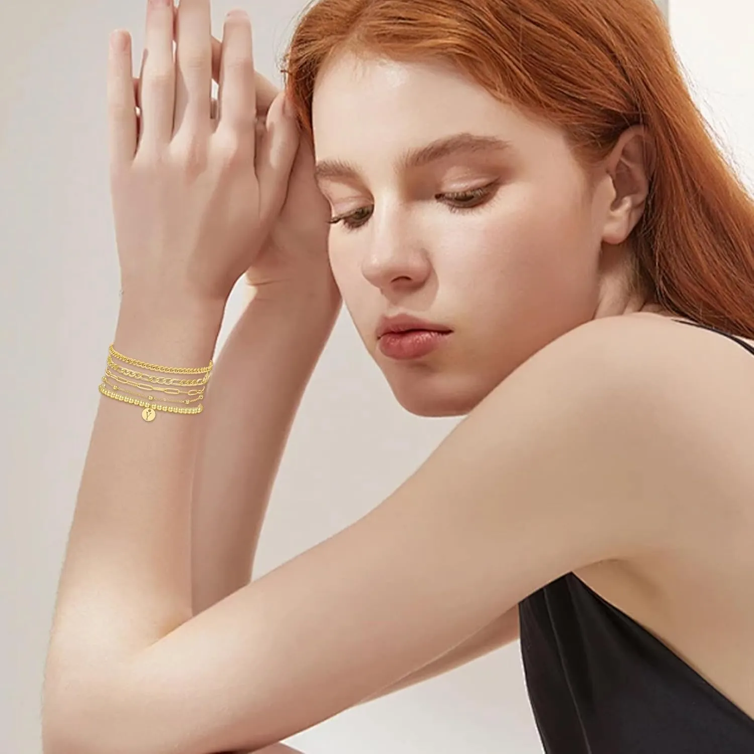 5PCS Gold Bracelets for Women, 18K Gold Plated Dainty Initial Charm Bracelets Set, Adjustable Layered Figaro & Bead Chain Gift for Women