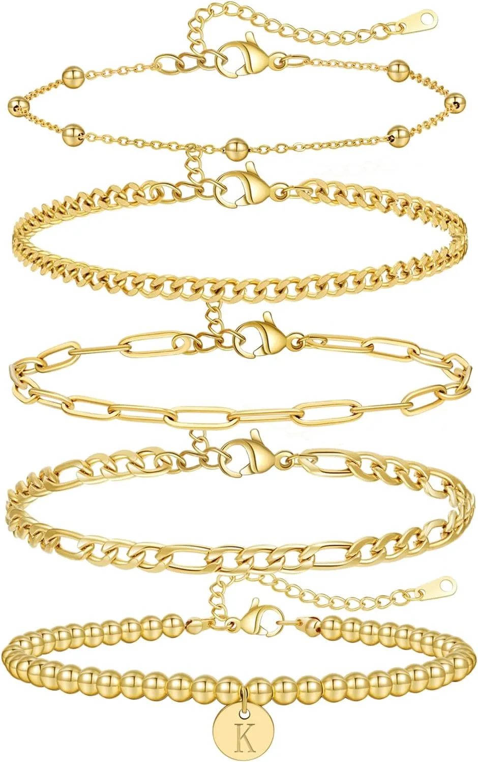 5PCS Gold Bracelets for Women, 18K Gold Plated Dainty Initial Charm Bracelets Set, Adjustable Layered Figaro & Bead Chain Gift for Women