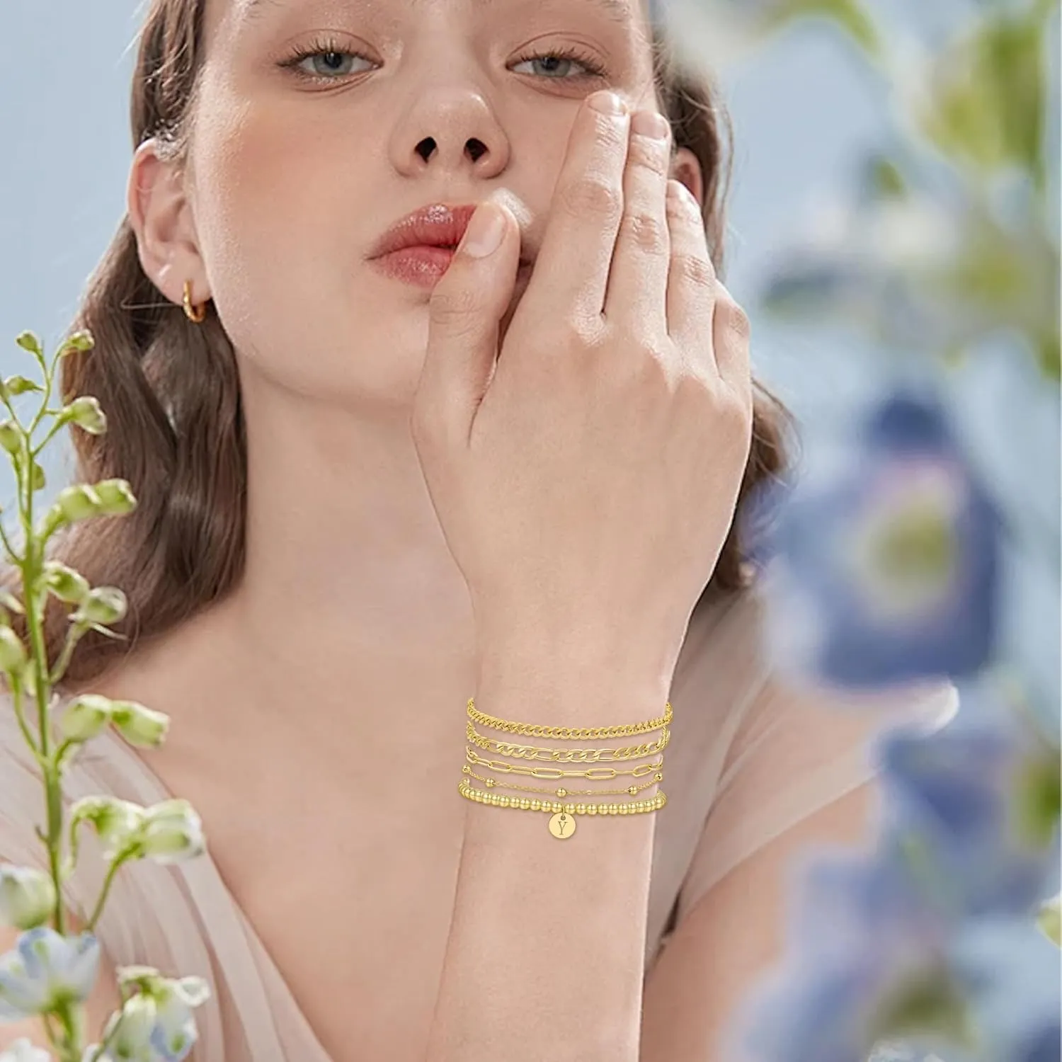 5PCS Gold Bracelets for Women, 18K Gold Plated Dainty Initial Charm Bracelets Set, Adjustable Layered Figaro & Bead Chain Gift for Women