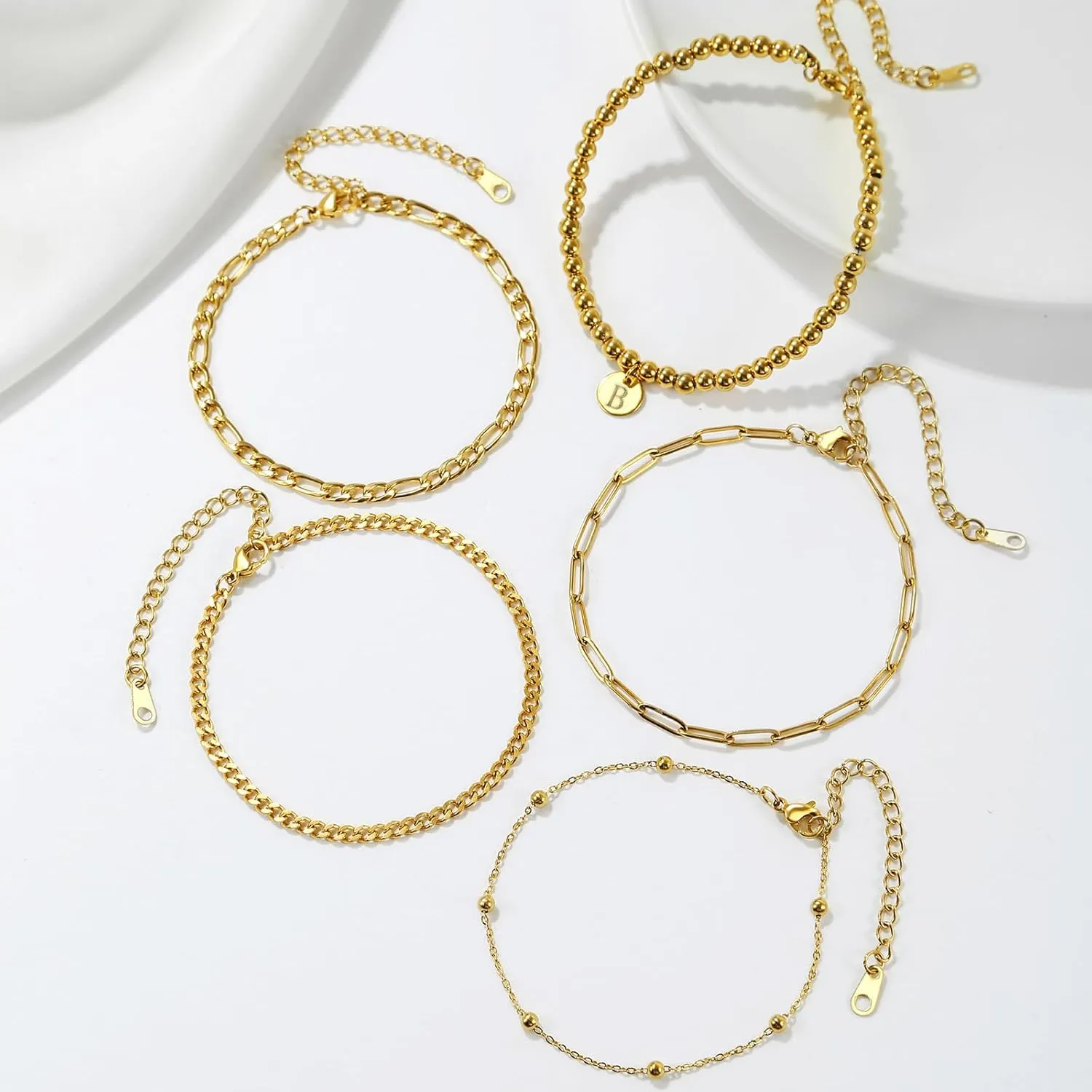 5PCS Gold Bracelets for Women, 18K Gold Plated Dainty Initial Charm Bracelets Set, Adjustable Layered Figaro & Bead Chain Gift for Women