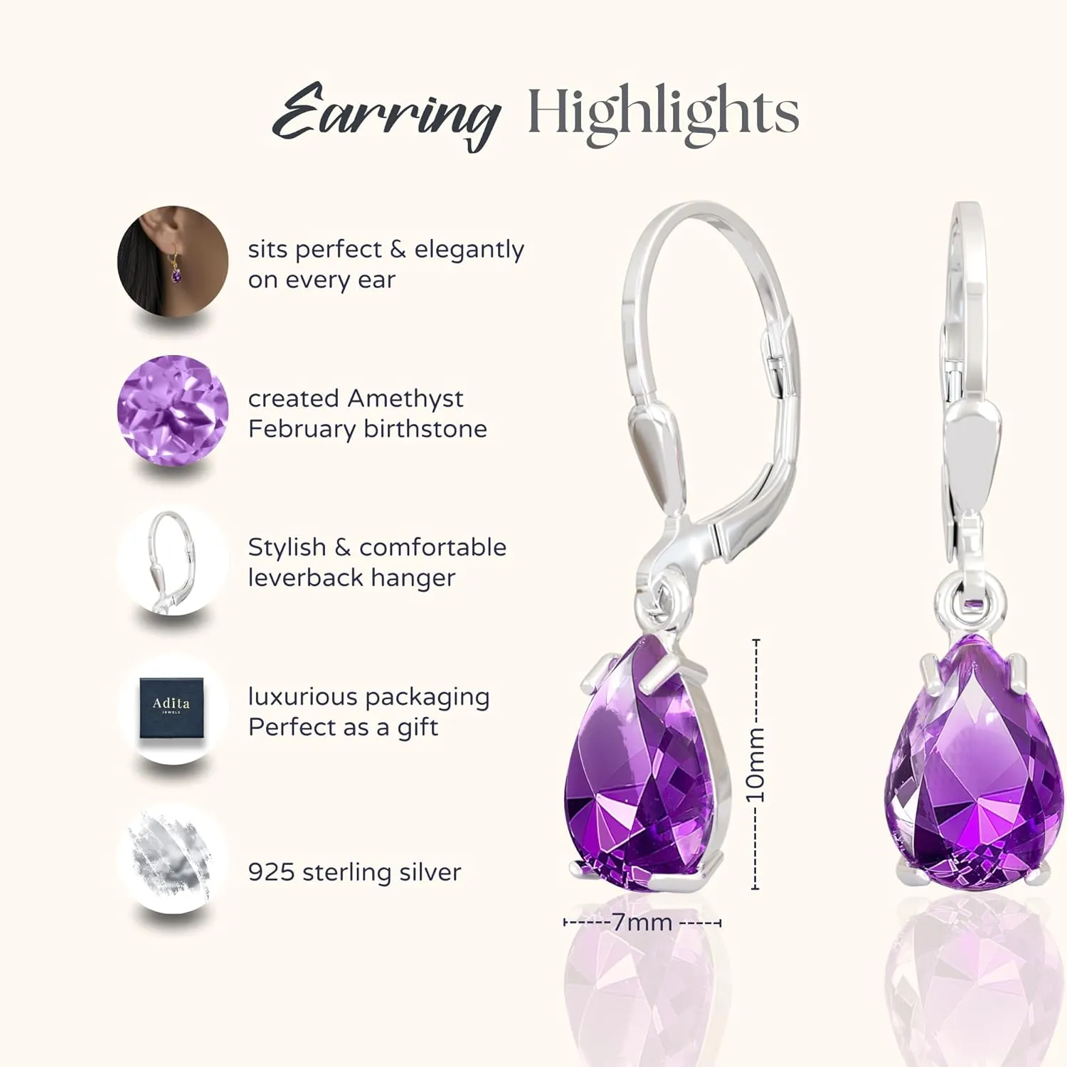925 Sterling Silver Amethyst Earrings for Women - February Birthstone Teardrop Leverback Earrings