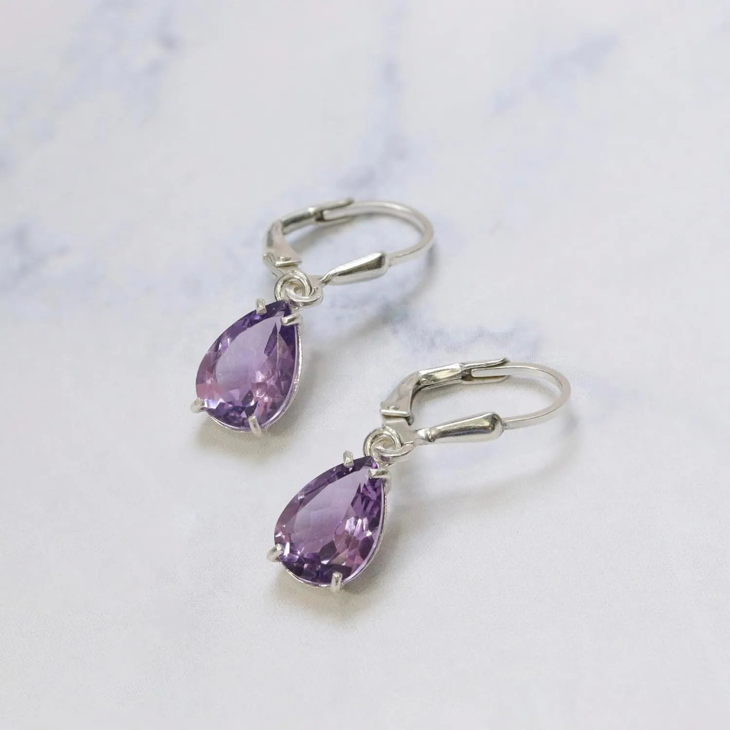 925 Sterling Silver Amethyst Earrings for Women - February Birthstone Teardrop Leverback Earrings
