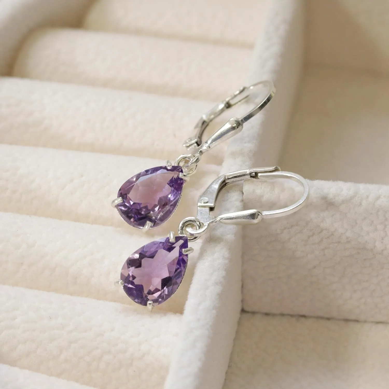 925 Sterling Silver Amethyst Earrings for Women - February Birthstone Teardrop Leverback Earrings