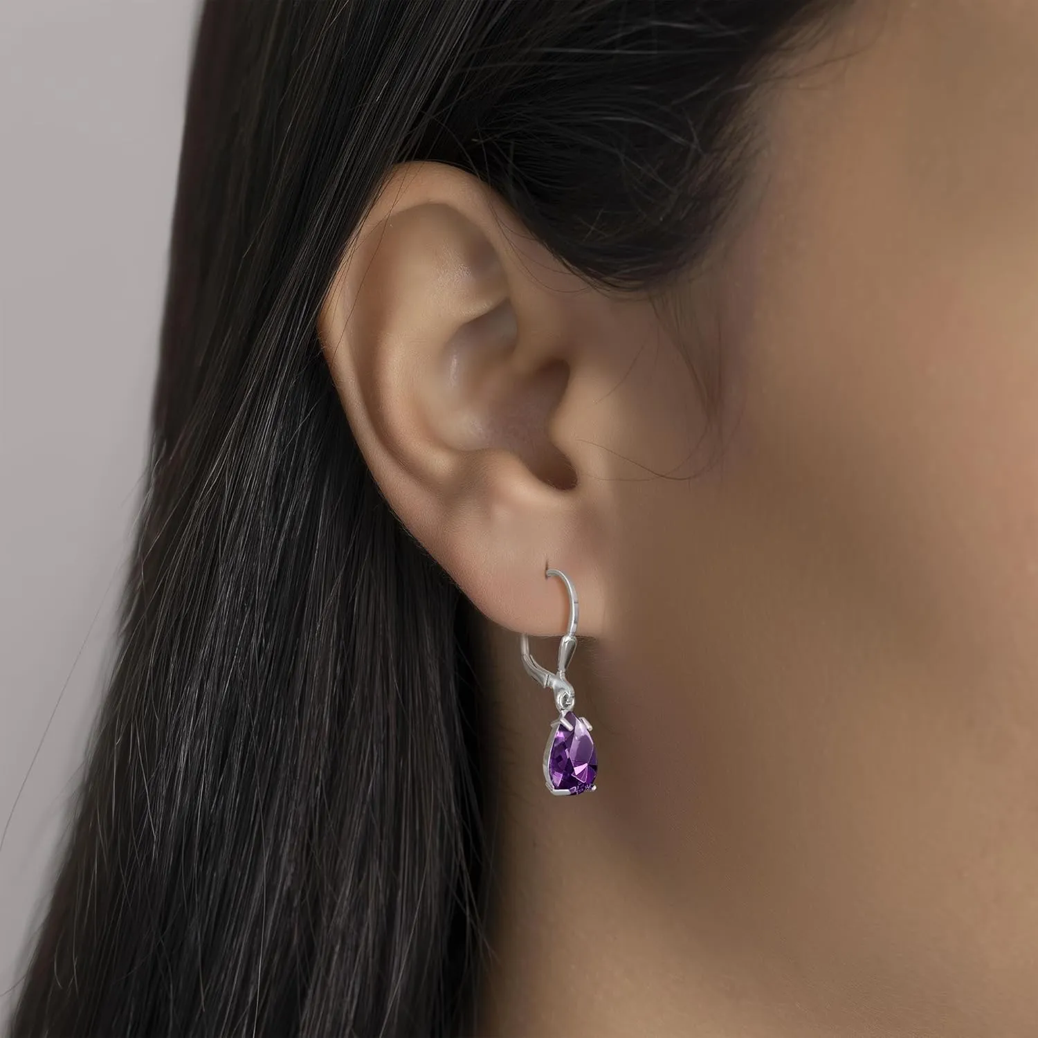 925 Sterling Silver Amethyst Earrings for Women - February Birthstone Teardrop Leverback Earrings