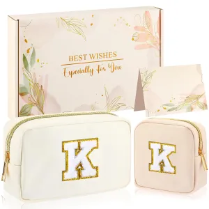 Abbylike Monogram Makeup Bag 2 Pcs Preppy Cosmetic Bag Bridesmaid Gift Bachelorette Party Favors Personalized Birthday Gift for Women Initial Toiletry Packet Nylon Chenille Letter Pouch(Letter K)