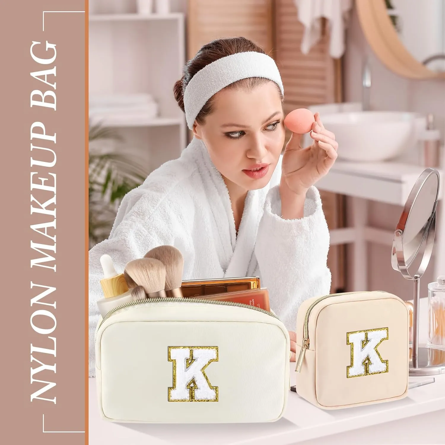 Abbylike Monogram Makeup Bag 2 Pcs Preppy Cosmetic Bag Bridesmaid Gift Bachelorette Party Favors Personalized Birthday Gift for Women Initial Toiletry Packet Nylon Chenille Letter Pouch(Letter K)