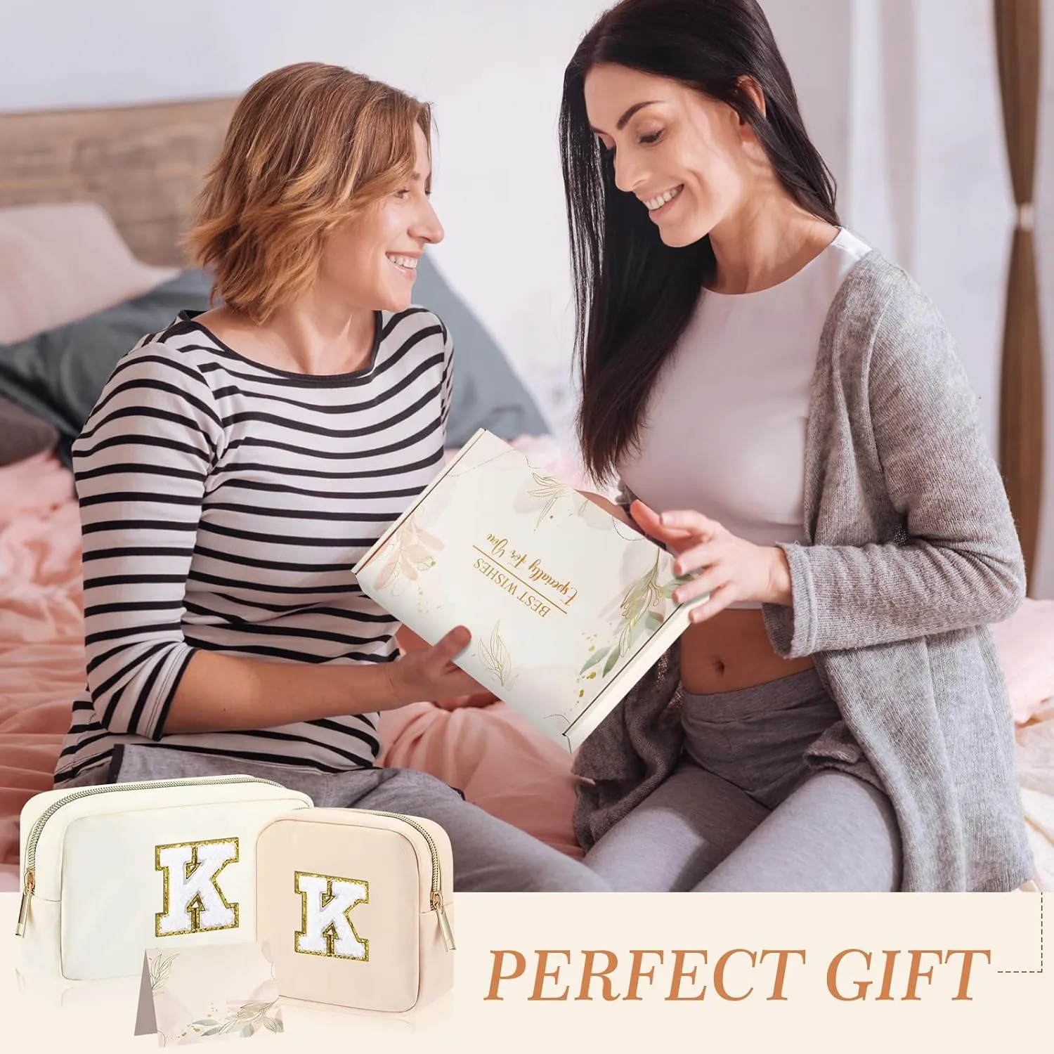 Abbylike Monogram Makeup Bag 2 Pcs Preppy Cosmetic Bag Bridesmaid Gift Bachelorette Party Favors Personalized Birthday Gift for Women Initial Toiletry Packet Nylon Chenille Letter Pouch(Letter K)