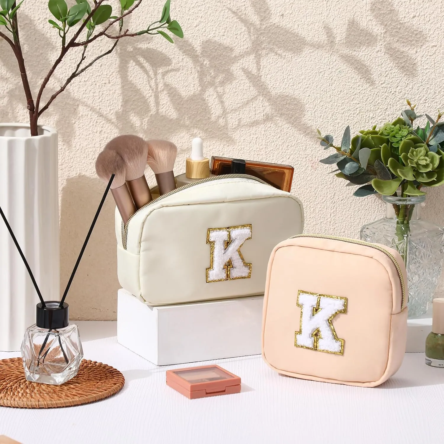Abbylike Monogram Makeup Bag 2 Pcs Preppy Cosmetic Bag Bridesmaid Gift Bachelorette Party Favors Personalized Birthday Gift for Women Initial Toiletry Packet Nylon Chenille Letter Pouch(Letter K)