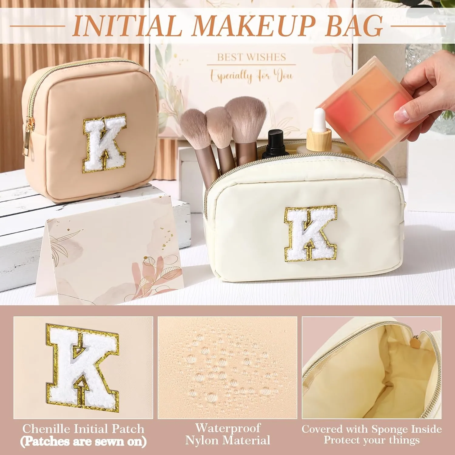 Abbylike Monogram Makeup Bag 2 Pcs Preppy Cosmetic Bag Bridesmaid Gift Bachelorette Party Favors Personalized Birthday Gift for Women Initial Toiletry Packet Nylon Chenille Letter Pouch(Letter K)