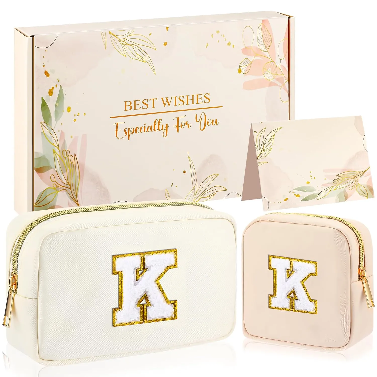 Abbylike Monogram Makeup Bag 2 Pcs Preppy Cosmetic Bag Bridesmaid Gift Bachelorette Party Favors Personalized Birthday Gift for Women Initial Toiletry Packet Nylon Chenille Letter Pouch(Letter K)