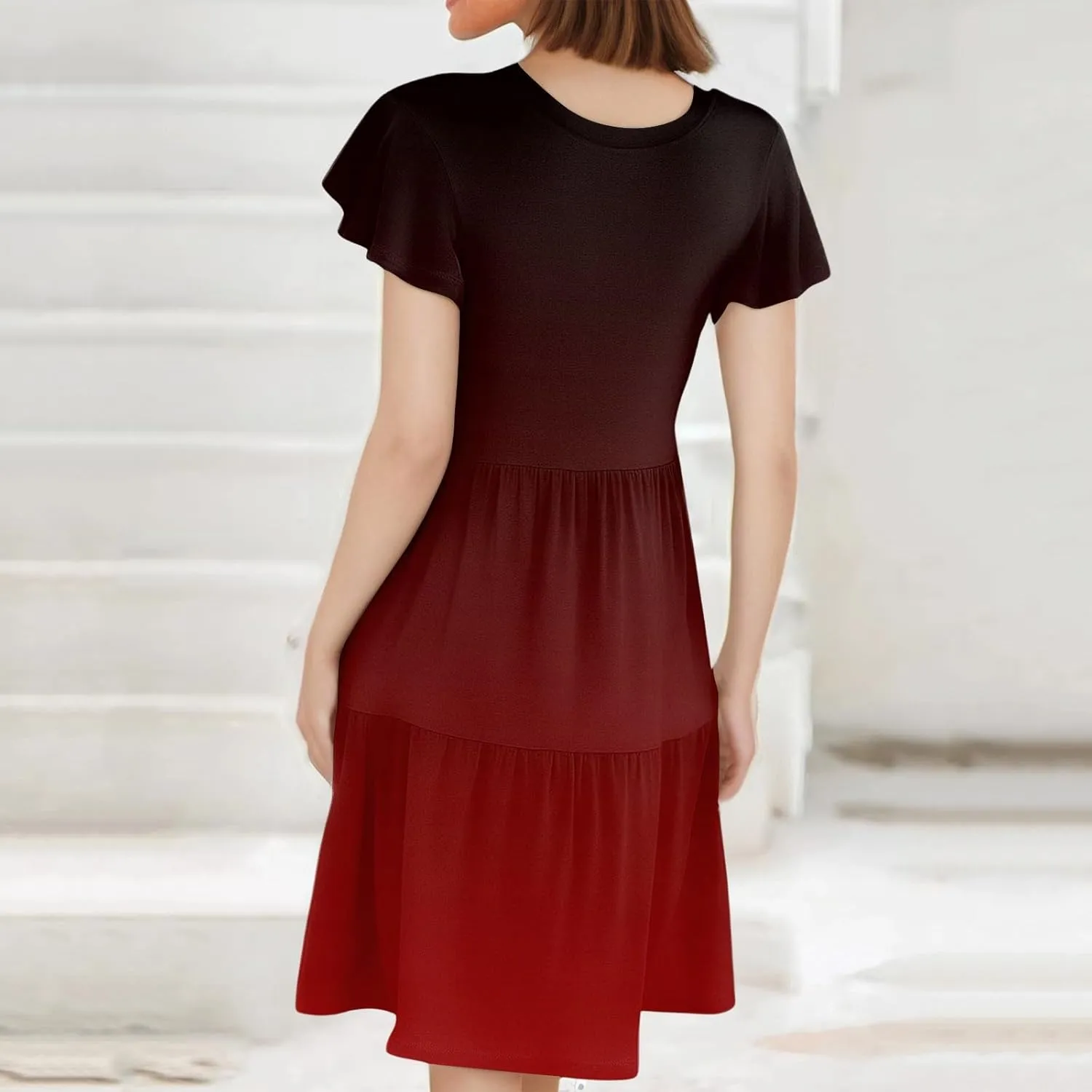 ADHOWBEW Dresses for Women 2025 Vacation Elegant O Neck Casual Trendy Floral Empire Waist Short Sleeve Dresses
