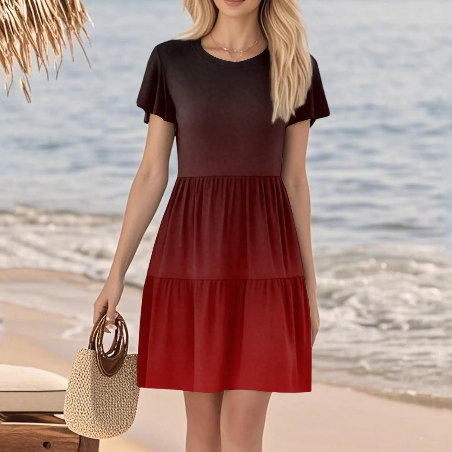 ADHOWBEW Dresses for Women 2025 Vacation Elegant O Neck Casual Trendy Floral Empire Waist Short Sleeve Dresses
