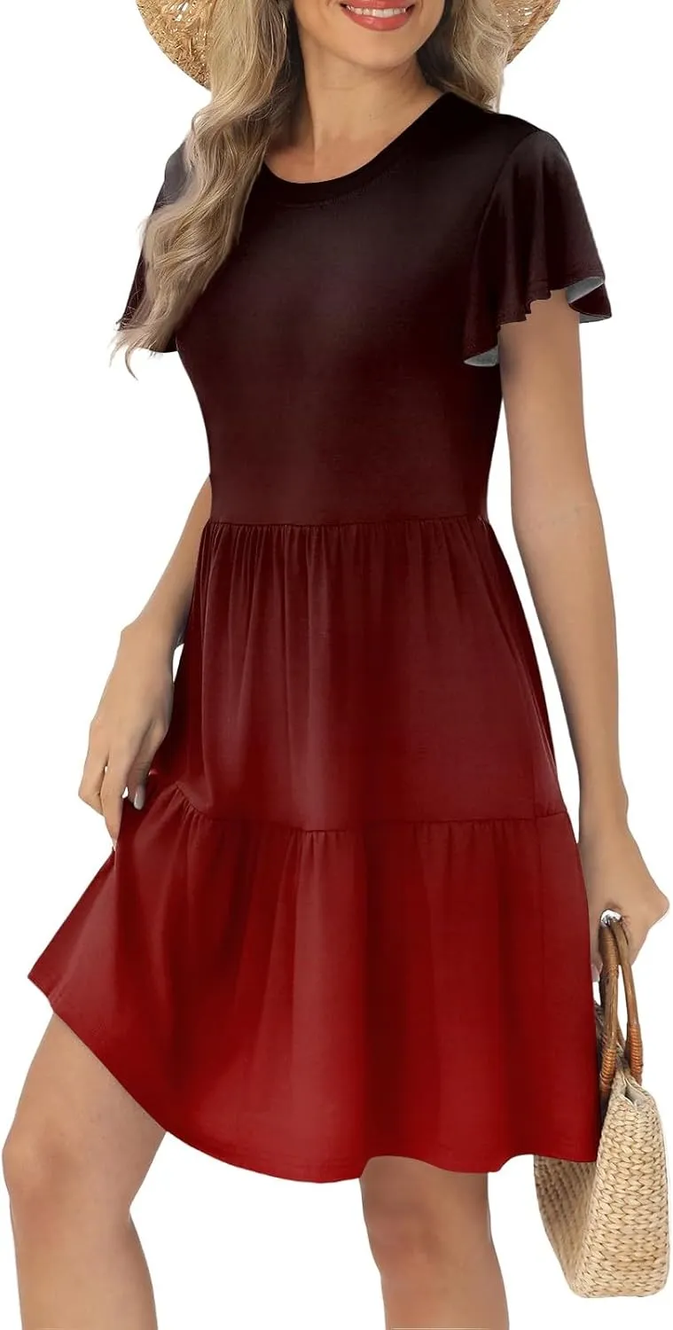 ADHOWBEW Dresses for Women 2025 Vacation Elegant O Neck Casual Trendy Floral Empire Waist Short Sleeve Dresses