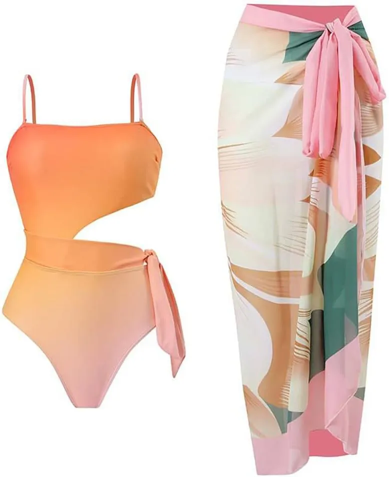 AFAVOM Women's One Piece Swimsuit with Cover up Beach Skirt Sarong Two Piece Floral Printed Monokini Swimsuit Bathing Suit