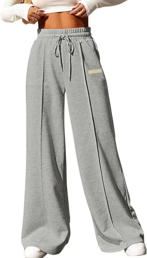 Aleumdr Women's High Waisted Drawstring Waist Wide Leg Sweatpants with Pockets Casual Loose Yoga Pants