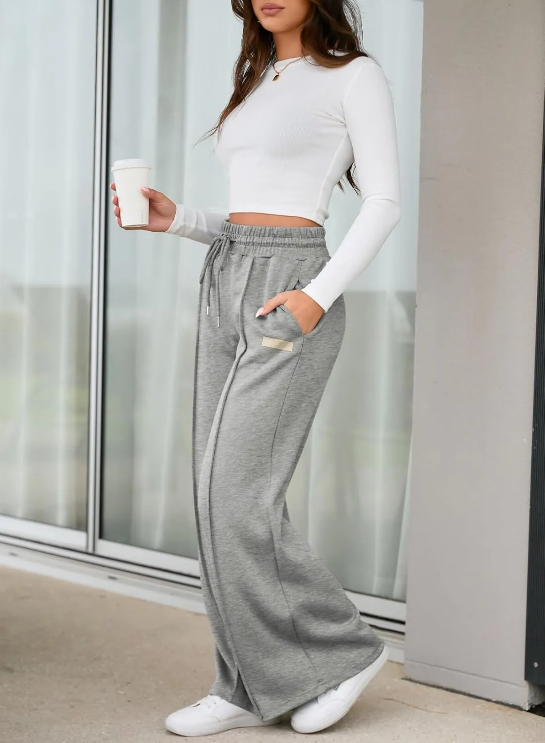 Aleumdr Women's High Waisted Drawstring Waist Wide Leg Sweatpants with Pockets Casual Loose Yoga Pants