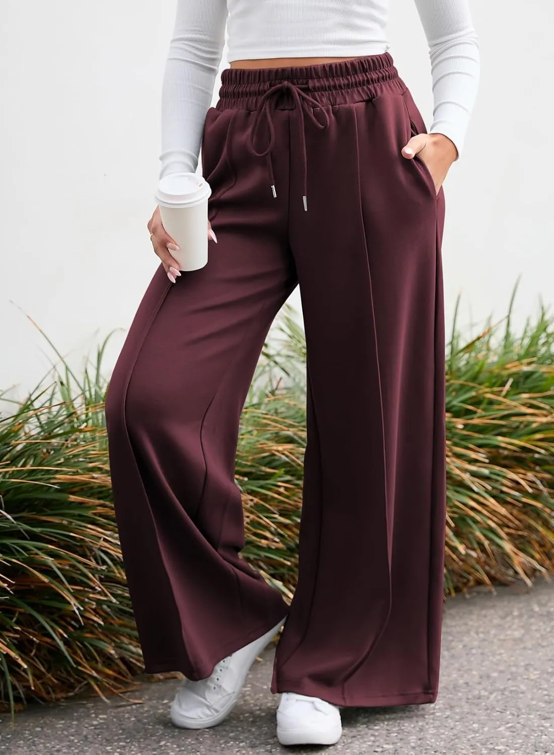 Aleumdr Women's High Waisted Drawstring Waist Wide Leg Sweatpants with Pockets Casual Loose Yoga Pants
