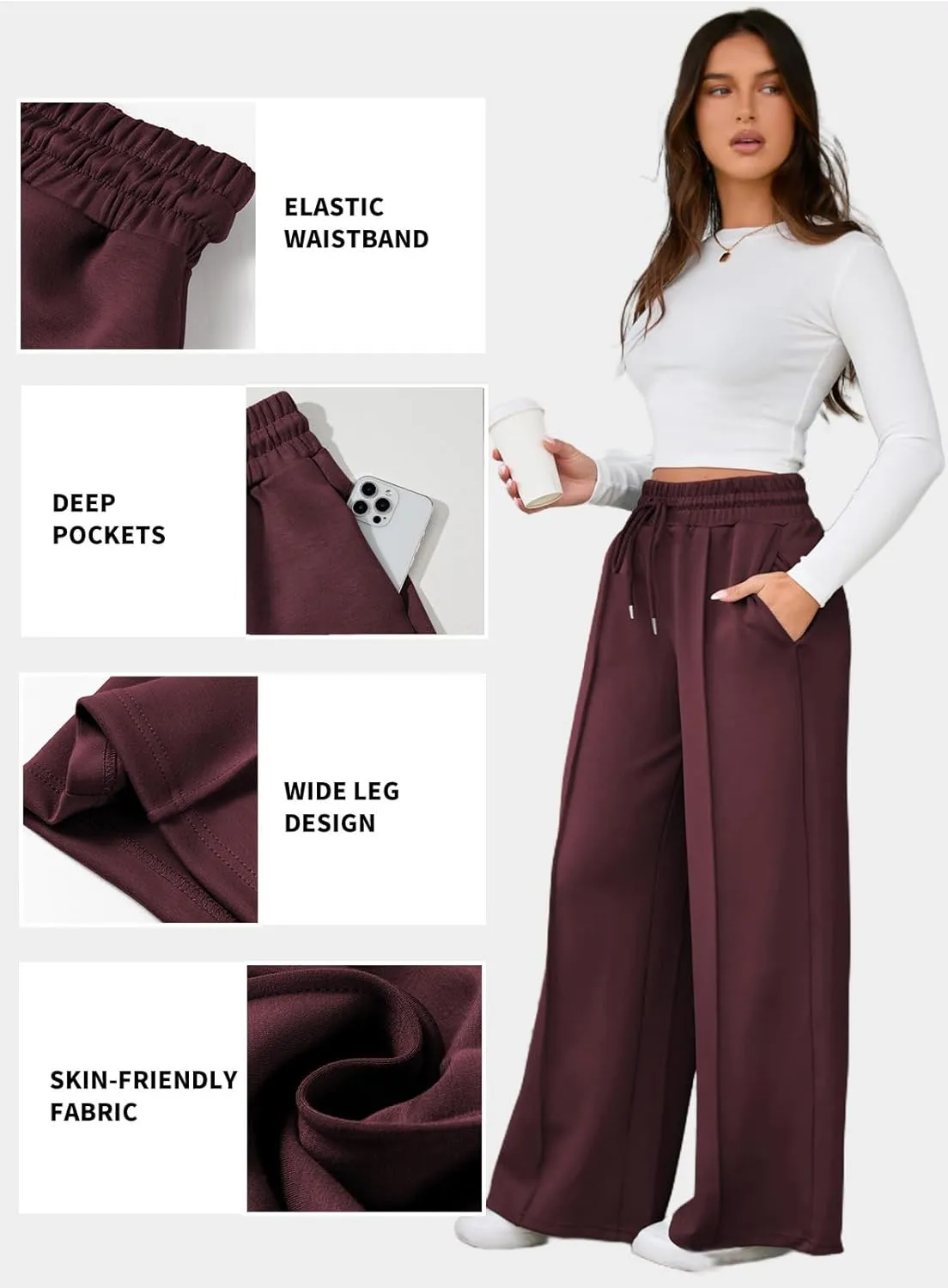 Aleumdr Women's High Waisted Drawstring Waist Wide Leg Sweatpants with Pockets Casual Loose Yoga Pants