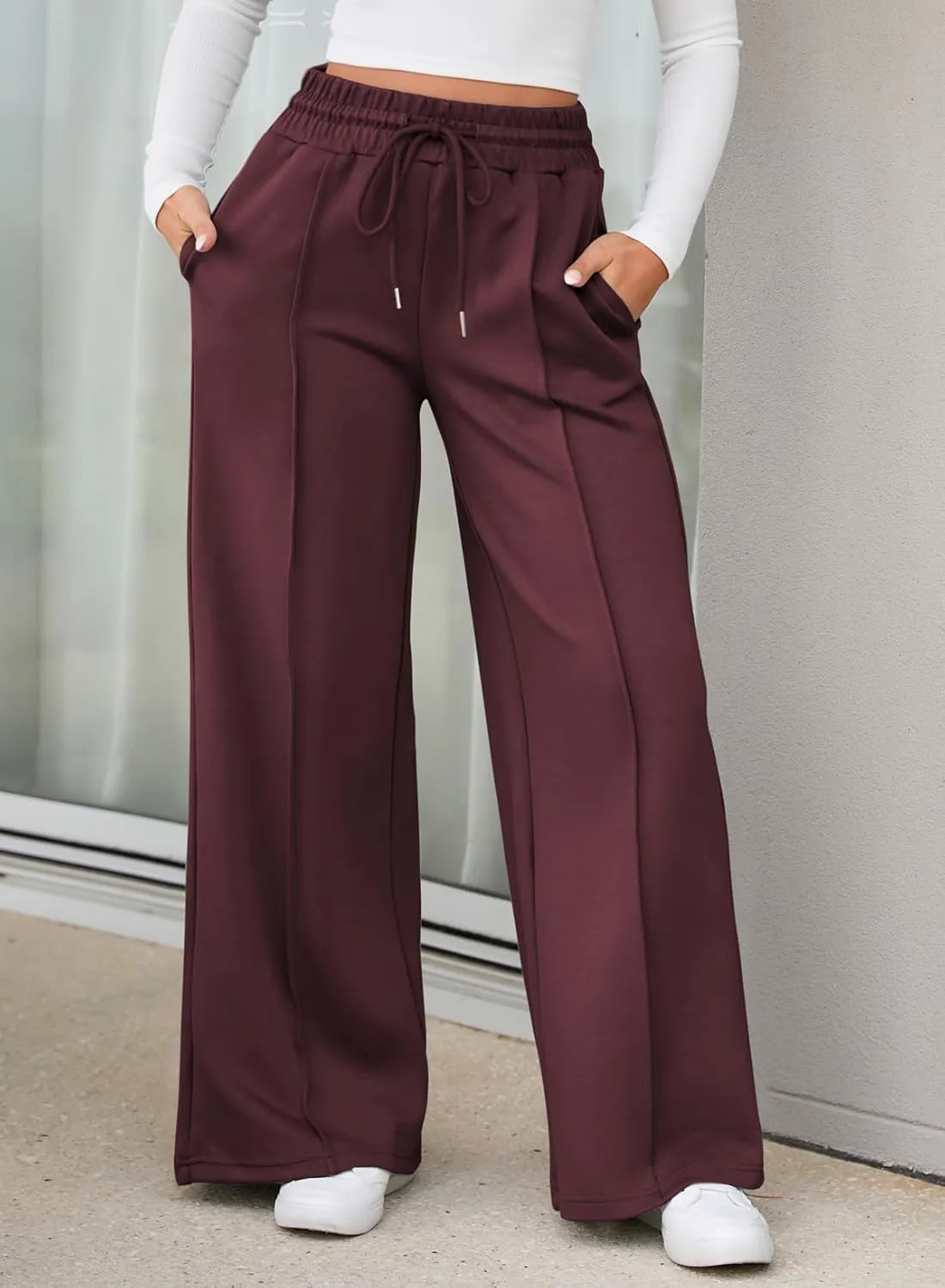 Aleumdr Women's High Waisted Drawstring Waist Wide Leg Sweatpants with Pockets Casual Loose Yoga Pants
