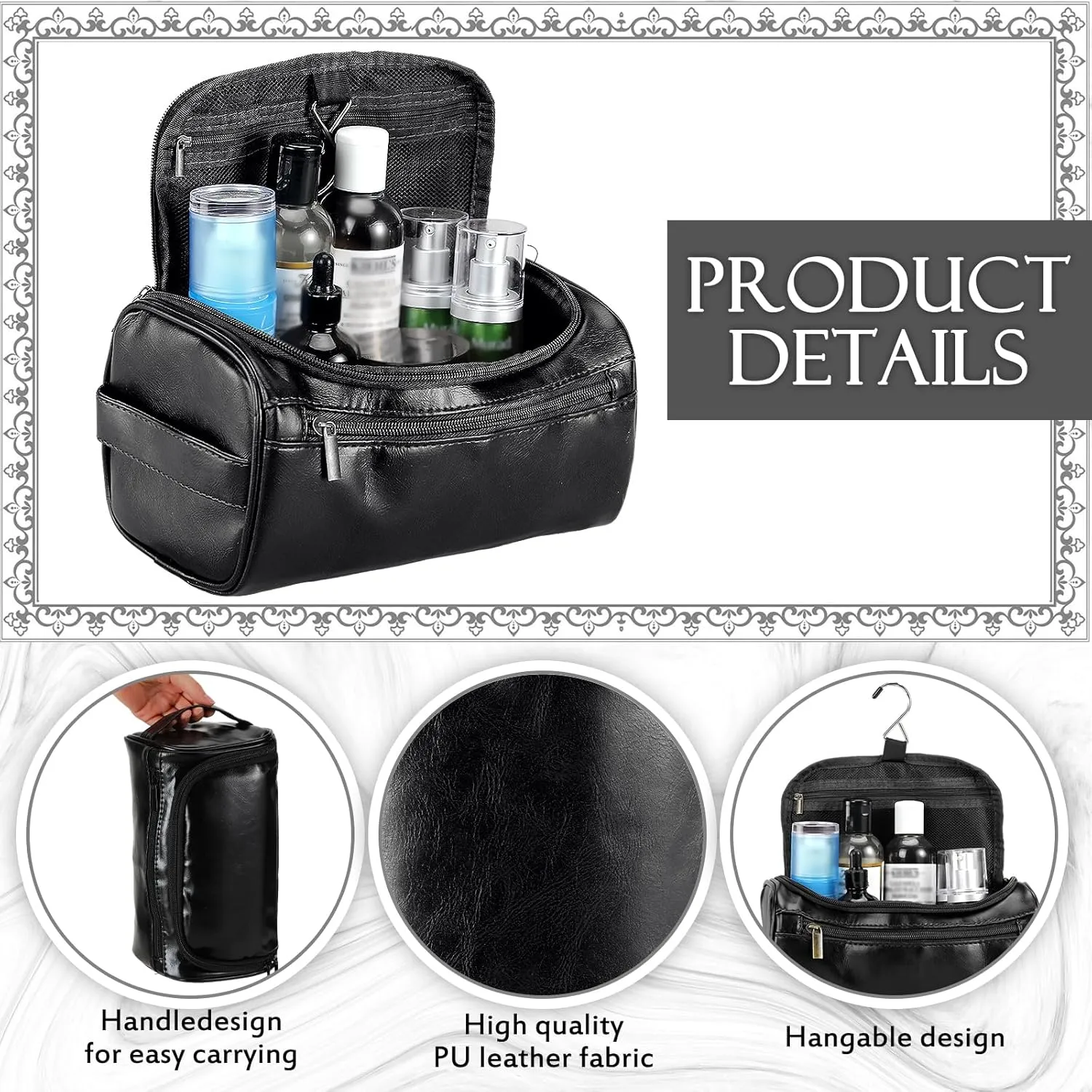 Aliceset 6 Pcs Groomsmen Gift Groomsmen Toiletry Bags Set of 6 Leather Toiletry Bag for Men with Hook Leather Wedding Proposal Bag with Side Handle Father Gift(Black)