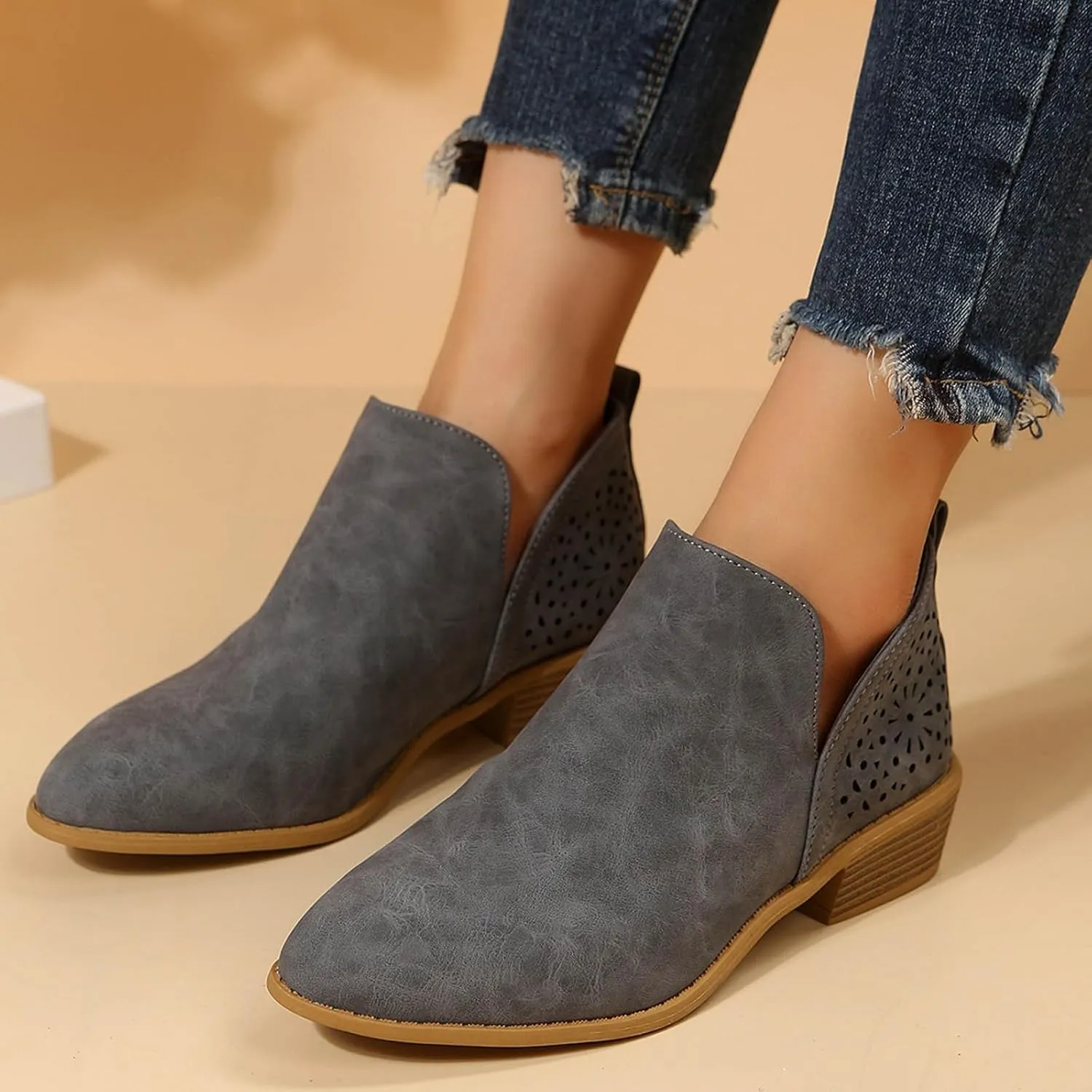 Ankle Boots for Women Chunky Heel Boots Women Fashion Pointed Toe Comfortable V Cut Pull on Chunky Heels Women Boots