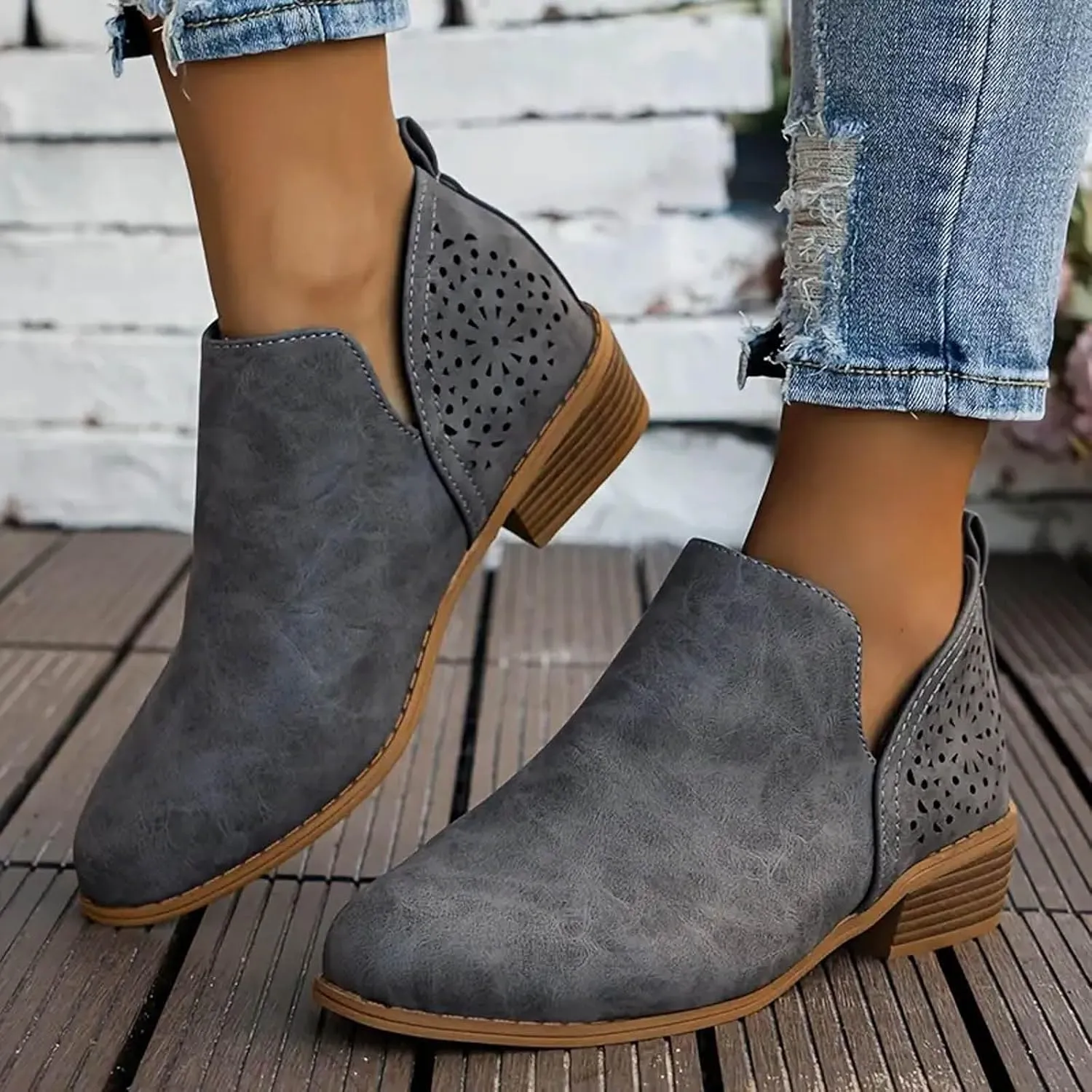 Ankle Boots for Women Chunky Heel Boots Women Fashion Pointed Toe Comfortable V Cut Pull on Chunky Heels Women Boots